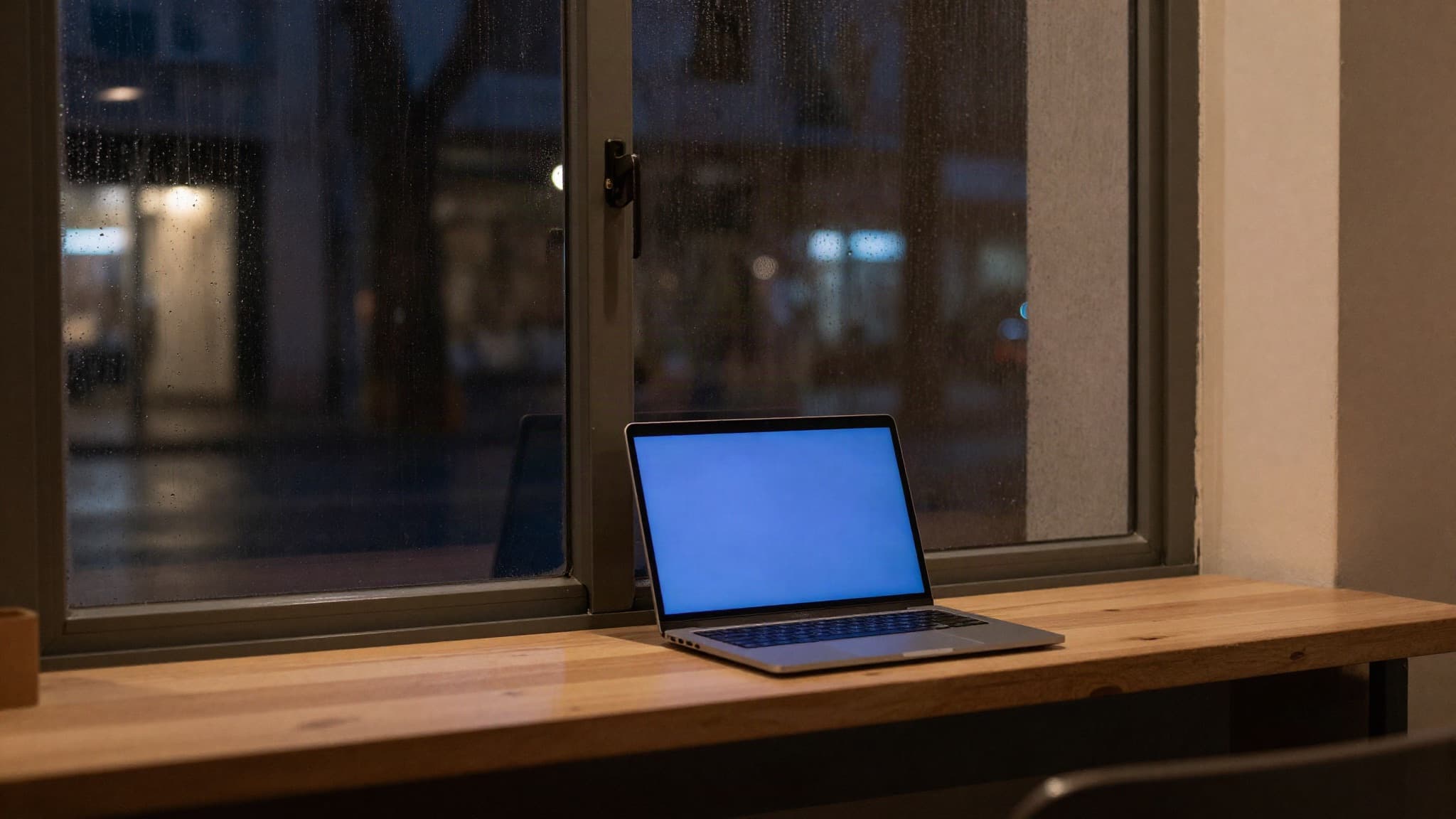 A closed shop at night, a laptop glowing on the counter by a rain-streaked window